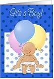 Its a Boy! Birth announcement. Newborn! Cartoon baby and balloons. Card