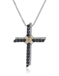 XPY Sterling Silver and 14k Yellow-Gold Blue Sapphire and Diamond Criss-Cross Pendant Necklace, (.10 Cttw I-J Color, I3 Clarity) 18"