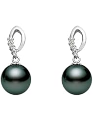 PremiumPearl 9-11MM AAA Quality Black Tahitian Pearl Earrings 14K Gold and Diamonds