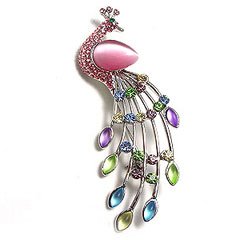 Multi-Color Austrian Rhinestone Peacock Bird Silver-Tone Brooch Pin
