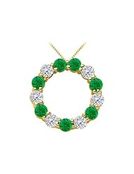 Green Natural Emerald and Diamond Circle Necklace in 14K Yellow Gold 2 Carat Total Gem Weight