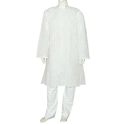 White Cotton Kurta Pajama Embroidered Clothes Size L Chest :43 (chgkp062)