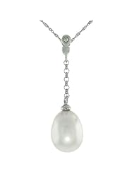 10k White Gold Dangle Pearl Pendant, w/ 0.02 Carat Brilliant Cut Diamond, 1 1/4 in. (31mm) tall, w/ 18" Sterling Silver Singapore Chain