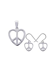 Nickel Free Sterling Silver Pendant & Earring Sets Peace Sign Longated Heart Set