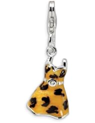 Amore LaVita(tm) Sterling Silver CZ Polished Enamel Leopard Dress Pendant for Charm Bracelet