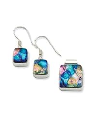 Genuine IceCarats Designer Jewelry Gift Sterling Silver Pink & Blue Dichroic Glass Square Earrings & Pendant Set