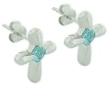 High Polished Sterling Silver Cross Stud Earring with Blue Topaz CZ