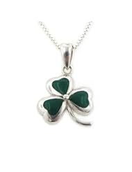 Green Enameled Irish Shamrock Lucky Clover Sterling Silver Pendant with 18" Necklace
