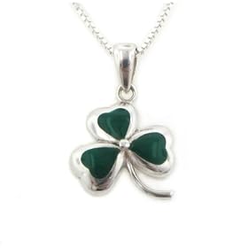 Green Enameled Irish Shamrock Lucky Clover Sterling Silver Pendant with 18" Necklace