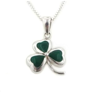 Green Enameled Irish Shamrock Lucky Clover Sterling Silver Pendant with 18