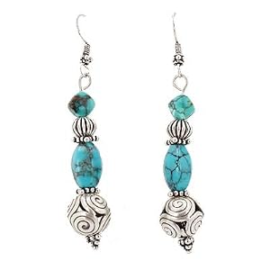 Southwestern Style Turquoise Gemstone Bead and Sterling Silver Swirl Bead Dangle Earrings, 2 1/2" in Length, #7722