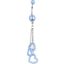 Light Blue Faux Pearl Hollow Heart Chain Drop Belly Ring