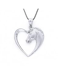 Sterling Silver Horse in Heart Necklace Pendant with Box Chain