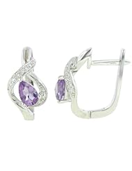14K White Gold 0.82ct Sunshiny Day Rd Diamond & Pear Amethyst Huggie Earrings