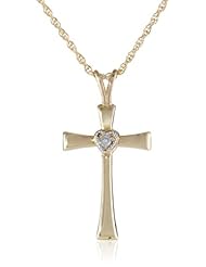 14k Yellow Gold Hollow Polished Cross with Genuine Diamond Pendant Necklace, 18"