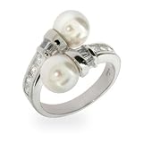 Double Pearls and Diamond CZ Sterling Silver Ring