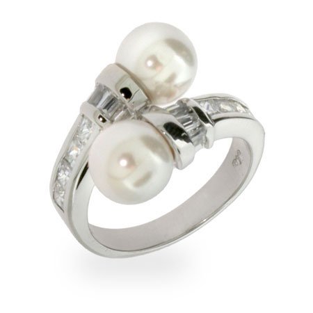 Double Pearls and CZ Silver Ring