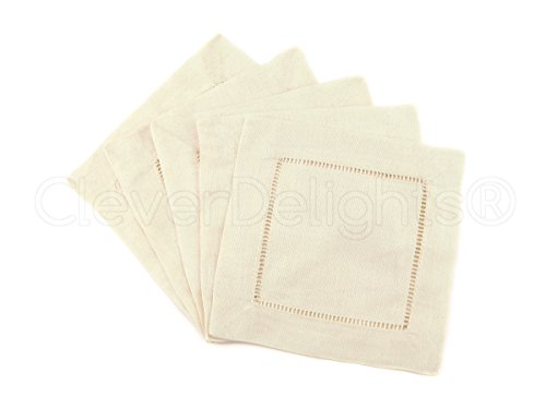 12 CleverDelights Cream Hemstitch Cocktail Napkins - 6