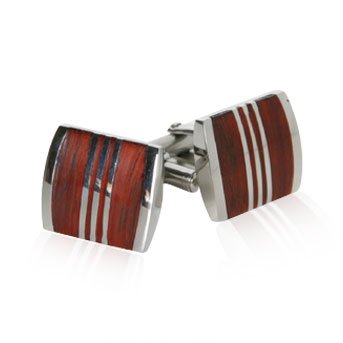 Striped Cherry Wood Stainless Steel Cufflinks with Presentation Box
