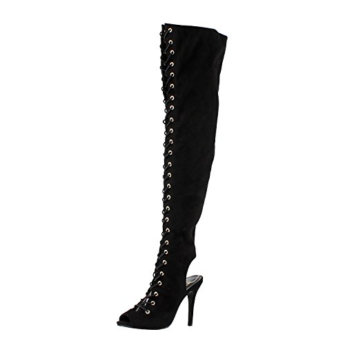 Breckelles BF25 Women Suede Lace Up Back Cut Out Thigh High Boot - Taupe