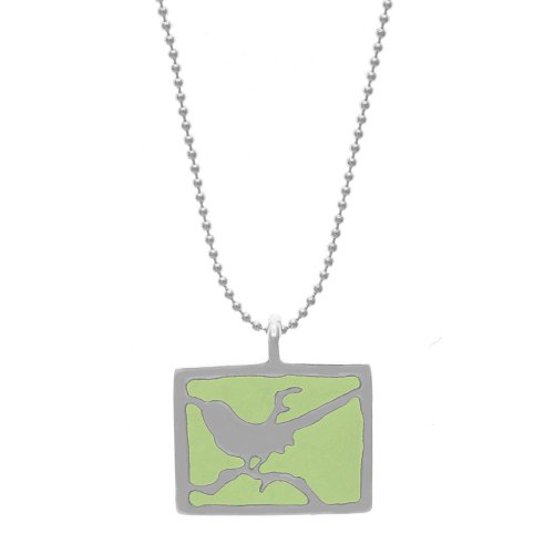 Sterling Silver Rectangle Lime Green Enamel Bird Pendant, 18