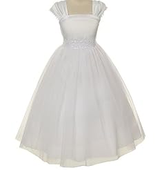 Girls Satin Mesh Lace Cap Sleeves Flower-Girl Dress  with a Cathedral Train  With a Sash 