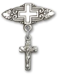 Sterling Silver Baby Badge with Crucifix Charm and Badge Pin with Cross