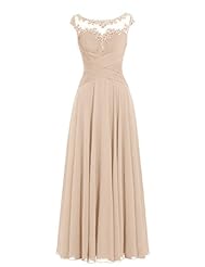 Scoop Neck Pleated Lace Cap Sleeves Chiffon Bridesmaid Dress 