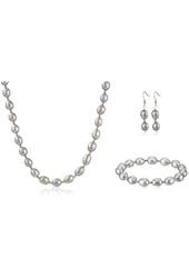 Sterling Silver Grey Freshwater Cultured Pearl Necklace, Bracelet and Dangle Earrings Jewelry Set (8-9mm)