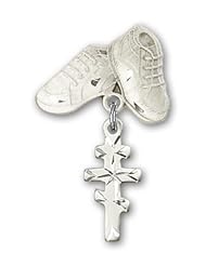 Sterling Silver Baby Badge with Greek Orthadox Cross Charm and Baby Boots Pin