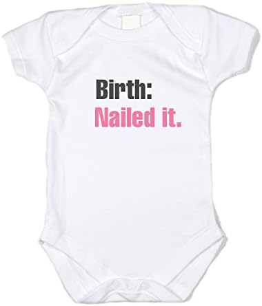 Funny Baby Onesie "Birth: Nailed It." (Black and Pink Text) Infant Bodysuit (0-3 months)