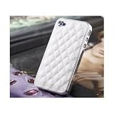 Pandamimi White Deluxe Plastic Chrome Genuine Leather Case Cover for Apple AT&T Sprint Verizon iPhone 4S 4 4G