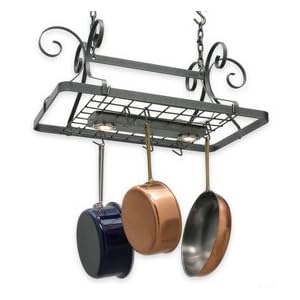 Enclume Lighted Retangular Ceiling Hanging Pot Rack with Grid and 2 Lights Hammered Steel