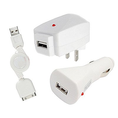 GSI Super Quality Travel Kit for Apple iPod/iTouch/Nano/Classic/Video Players - Included Cigarette Lighter Plug-In, Travel Charger and Retractable USB Car Charger