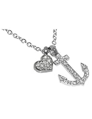 14 Karat White Gold Rollo Link Necklace, With Pave Set "Heart and Anchor" Diamond Charms, Sliding on a 16" Cable Chain Necklace. ( GH-Color, SI-Clarity ).