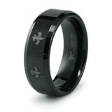 8mm Black Tungsten Carbide Ring with Laser Fleur-de-Lis Design