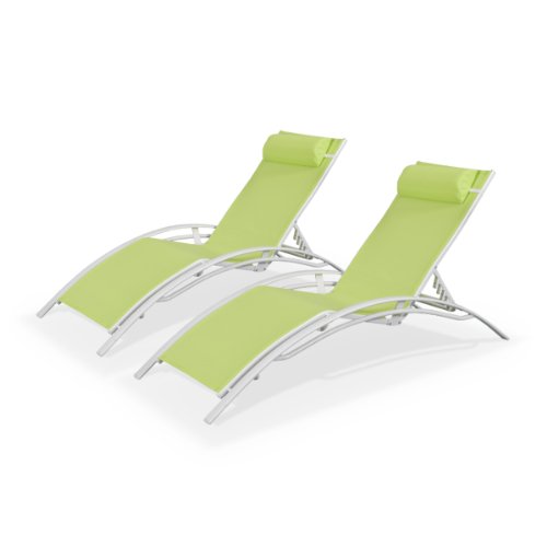 Alice's Garden - Duo 2 bains de soleil aluminium - Louisa Vert pomme - Transats aluminium et textilène Blanc et Vert pomme