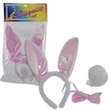 3 Piece White Easter Bunny Rabbit Costume Head Band Ears Headband with Cottontail Tail & BOW TIE