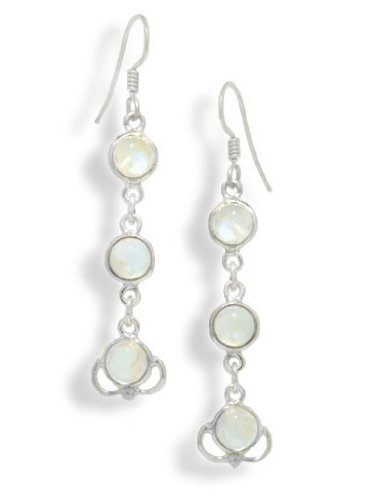 3-Stone Rainbow Moonstone Sterling Silver Hook Earrings