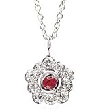 Diamond and Ruby Floral Drop Penant Necklace, 18k White Gold, 18 Chain (T.w 0.75)