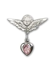 Sterling Silver Baby Badge with Pink Miraculous Charm and Angel with Wings Badge Pin