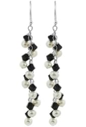 925 Sterling Silver White Freshwater Pearl with Jet Black Bicone Dangle Earrings