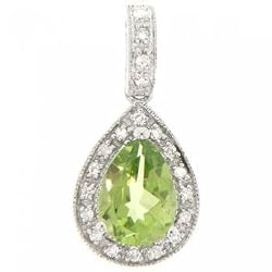Genuine Peridot & Diamond Pendant Dangling in 14K White Gold