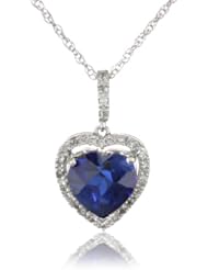 10k White Gold Heart-Shaped Created Ceylon Sapphire with Diamonds Heart Pendant Necklace, 18"