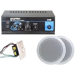 Pyle Home Popular Amplifier/Speaker Package -- PTA1 Mini 2 x 15-Watt Stereo Power Amplifier + PDIC51RD 5.25-Inch 2-Way In-Ceiling Speakers System + Wall Mount Rotary Volume Control Knob
