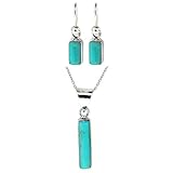 Sterling Silver Turquoise Inlay Rectangle Drop Earrings and Matching Pendant Set, 16