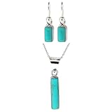 Sterling Silver Turquoise Inlay Rectangle Drop Earrings and Matching Pendant Set, 16