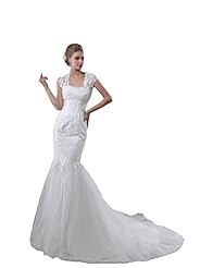 Lace Scoop Neck Mermaid Tulle Wedding Dress  with a Court Train 