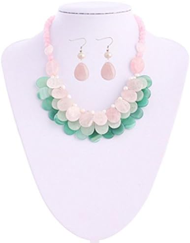 Crystalbella 18" Cultured Freshwater Pearls Rose Quartz Green Aventurine Necklace + Earrings Jewelry