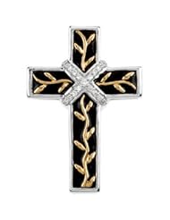14K White Gold /Yellow Gold 28.21X19.50 mm Black Enamel Diamond Cross